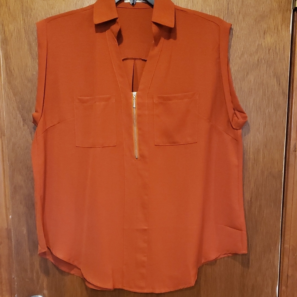 Sleeveless Zip-Front Blouse in Rust